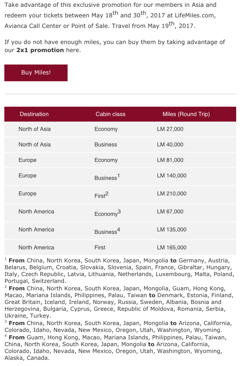 Avianca Star Alliance Award Chart