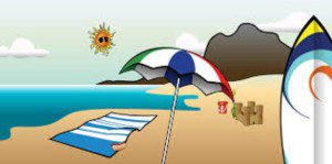 a cartoon of a beach with an umbrella and towel