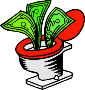 a cartoon of money in a toilet