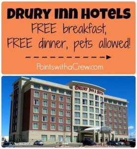 If you're looking to travel with pets, Drury Inn is a great choice. Free breakfast AND dinner and pets stay at no charge!
