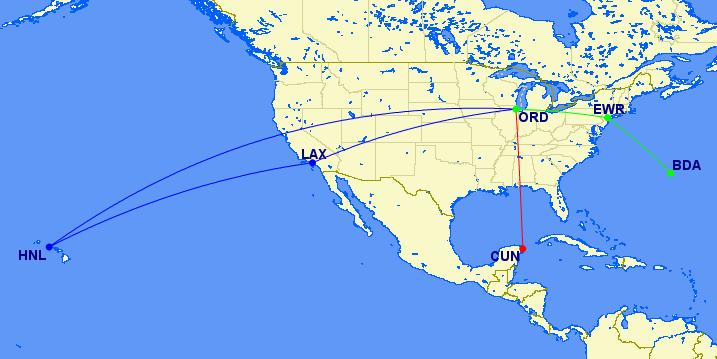 Red: one-way from Cancun to Chicago Blue: roundtrip from Chicago to Honolulu Green: One-way from Chicago to Bermuda (via Newark)