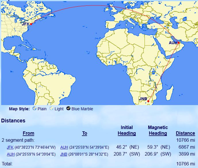 New York to Johannesburg (via Abu Dhabi). Map courtesy from gcmap.com