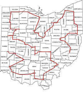 a map of ohio state with red lines