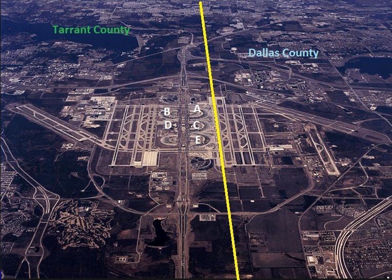 DFW airport runway map from Wikimedia with the Dallas / Tarrant county line marked