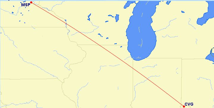 Cincinnati to Minneapolis - 596 flown miles