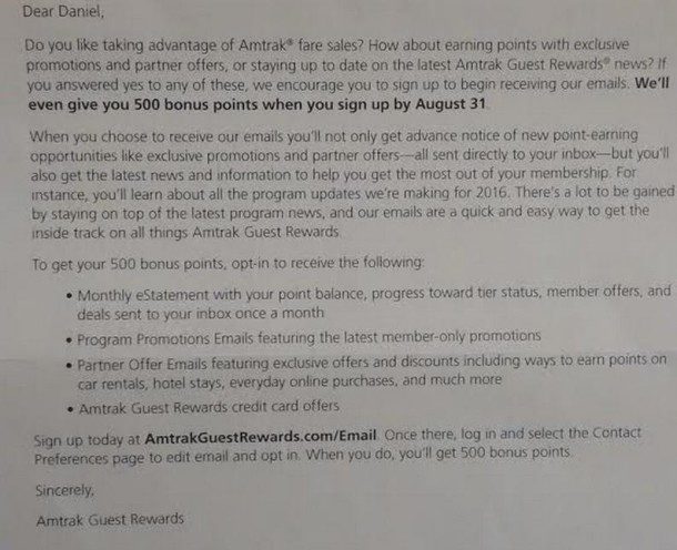 500 bonus Amtrak points for opting in to emails (targeted?) - Points ...