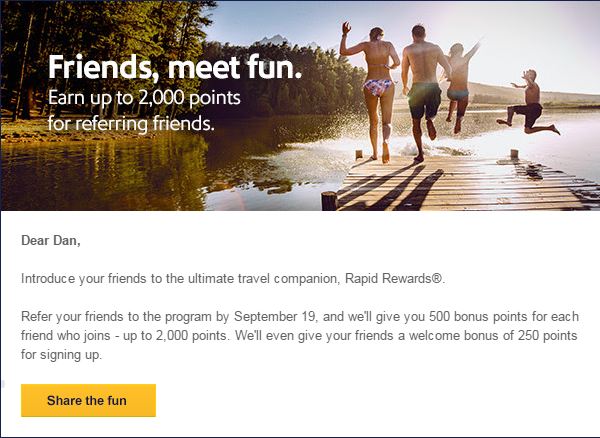 Earn up to 2000 Southwest Rapid Rewards by referring friends (tomorrow’s the last day)