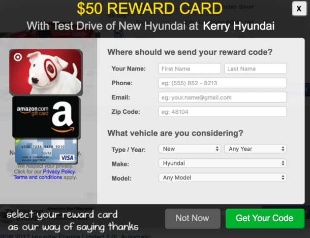 $50 Visa (or other) gift card for a Hyundai test drive - Points with a Crew