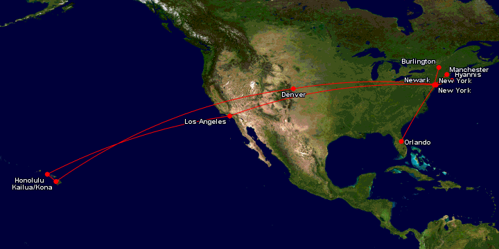 Our flights for 2016, map courtesy of Karl Swartz and gcmap.com