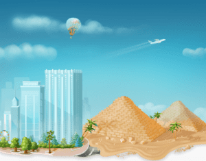 a cartoon of a desert with a hot air balloon and buildings