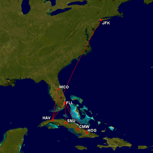jetBlue's current US-Cuba routes. Map courtesy of gcmap.com