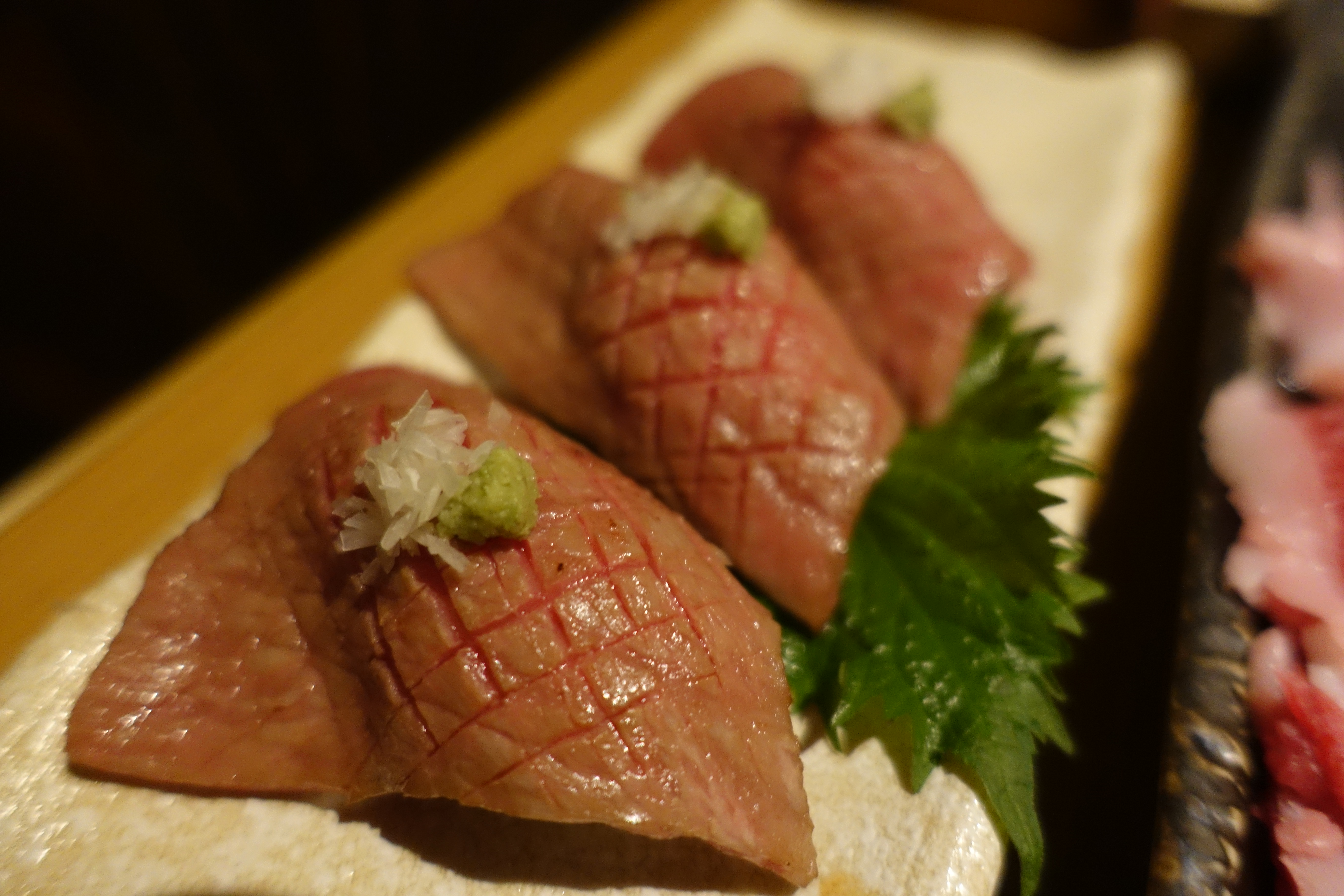 Waygu beef sushi at Yakiniku m. Dotonbori