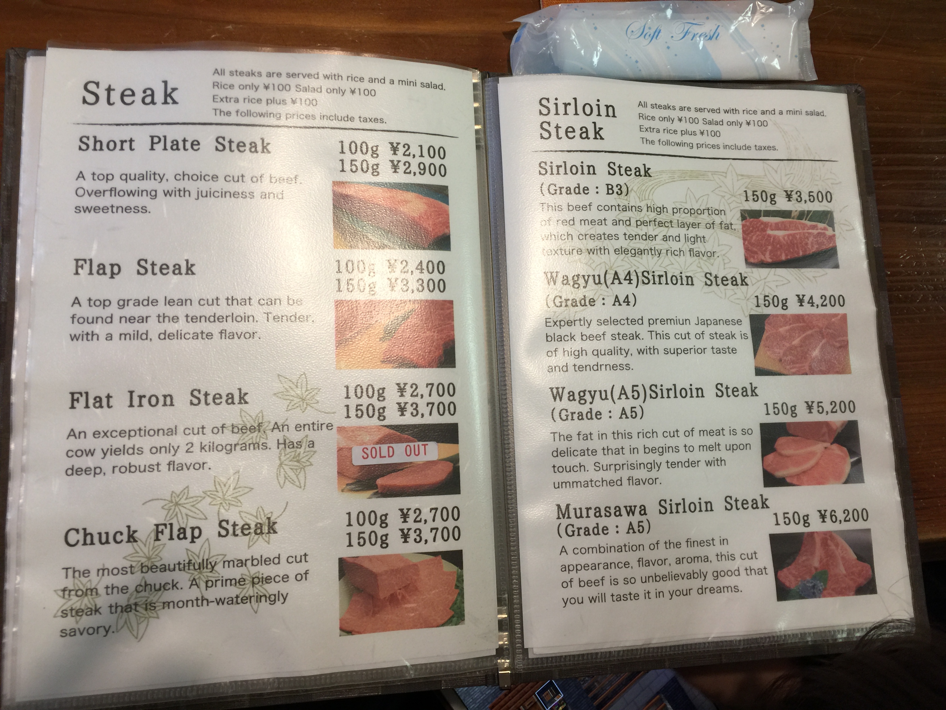 Menu for steaks