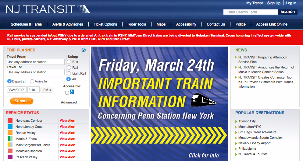 NJ Transit's website around 3pm on 3/25/2017. 