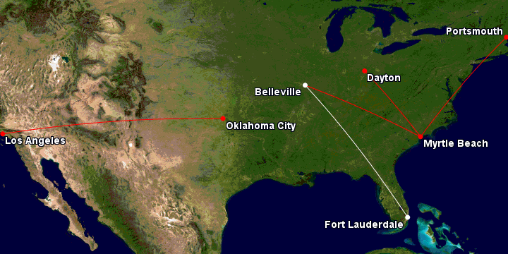 New Allegiant routes. White lines are year-round, red lines are seasonal. Map courtesy of gcmap.com
