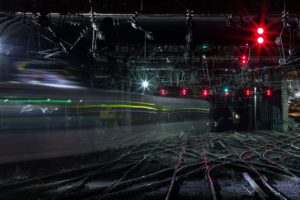 a train tracks with lights