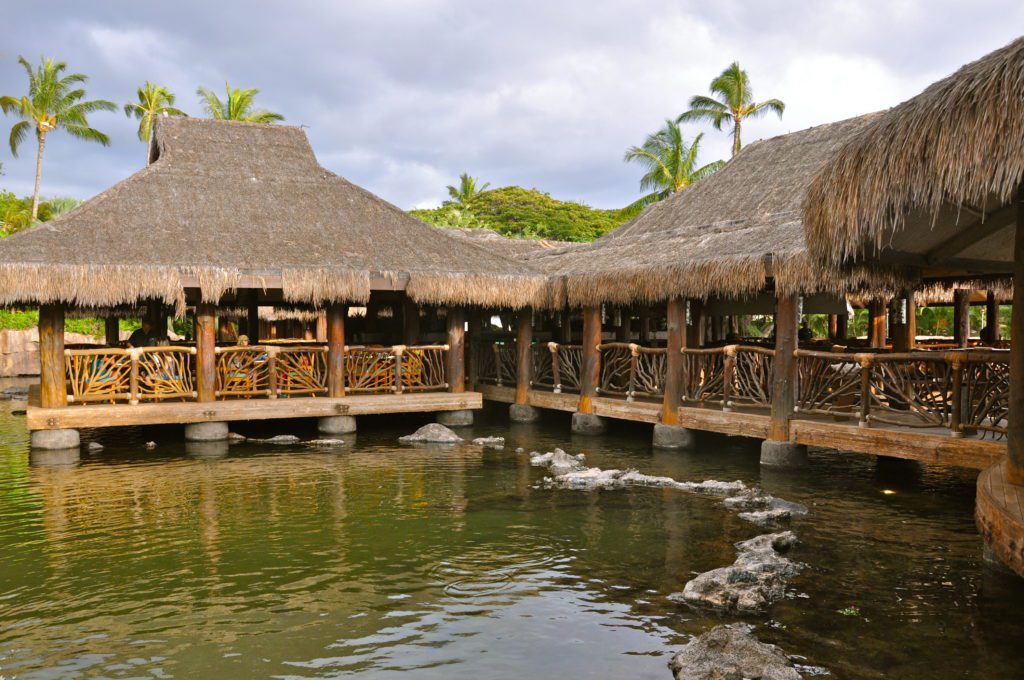 a building with a thatched roof over water