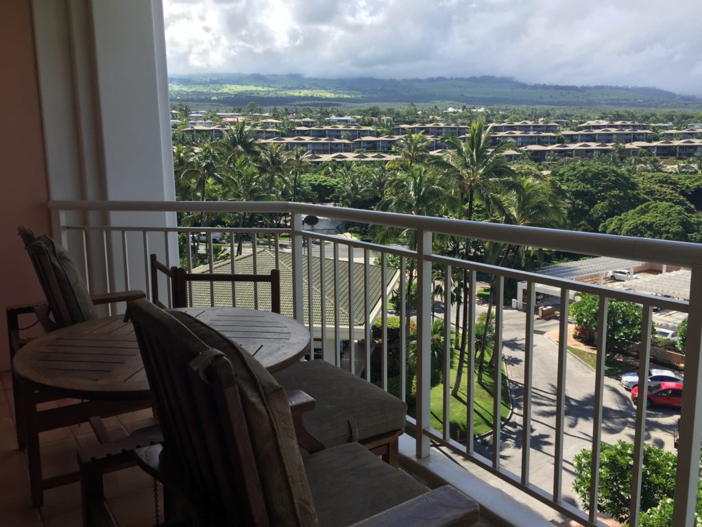 a balcony with a view of palm trees and a city