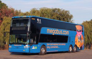 a blue double decker bus