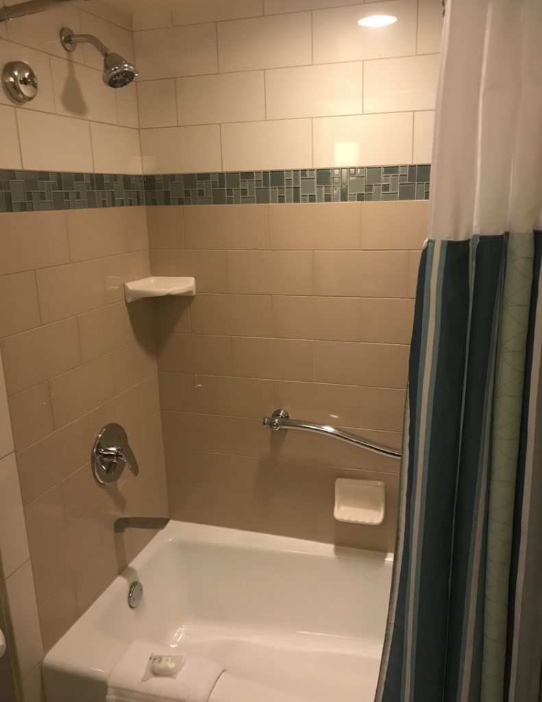 a shower with a shower curtain