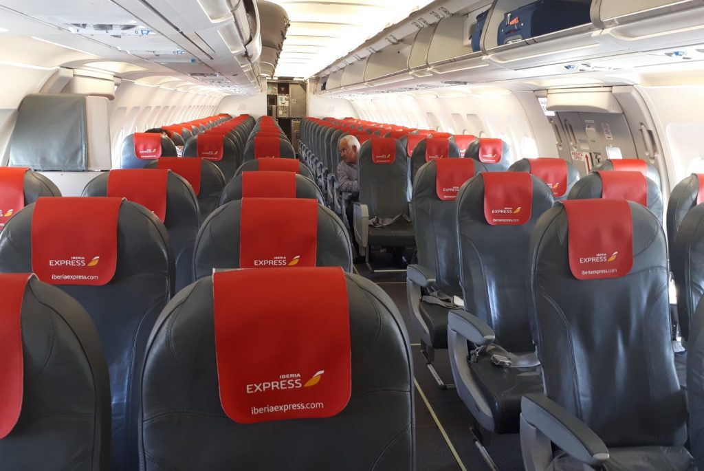 a plane with red seats