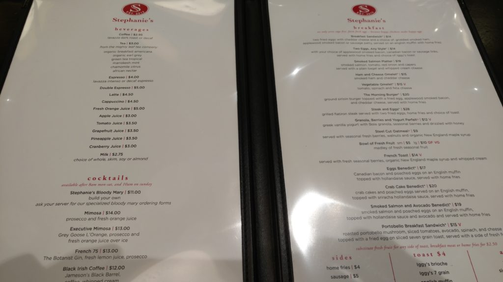 a menu with red and white text