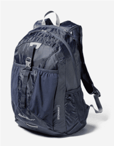 a blue backpack with a strap