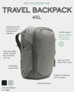 a grey backpack with white text