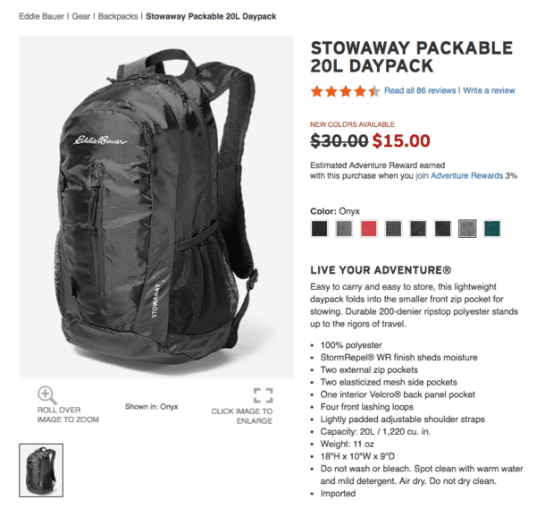 As low as 13.50 Eddie Bauer packable backpacks Points with a Crew