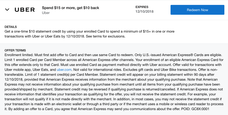 Uber/Uber Eats savings with Amex Offer