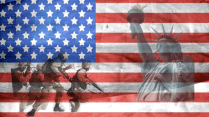 a flag with soldiers running towards the statue of liberty
