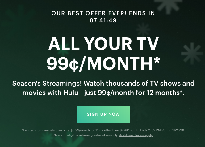 Join Hulu for $0.99 cents per month – new/returning subscribers