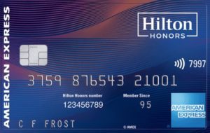 a credit card with a blue and red background
