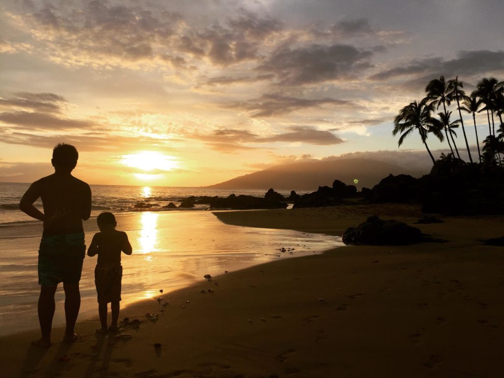 a man and child on a beach at sunset
