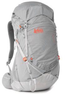 a grey backpack with orange straps