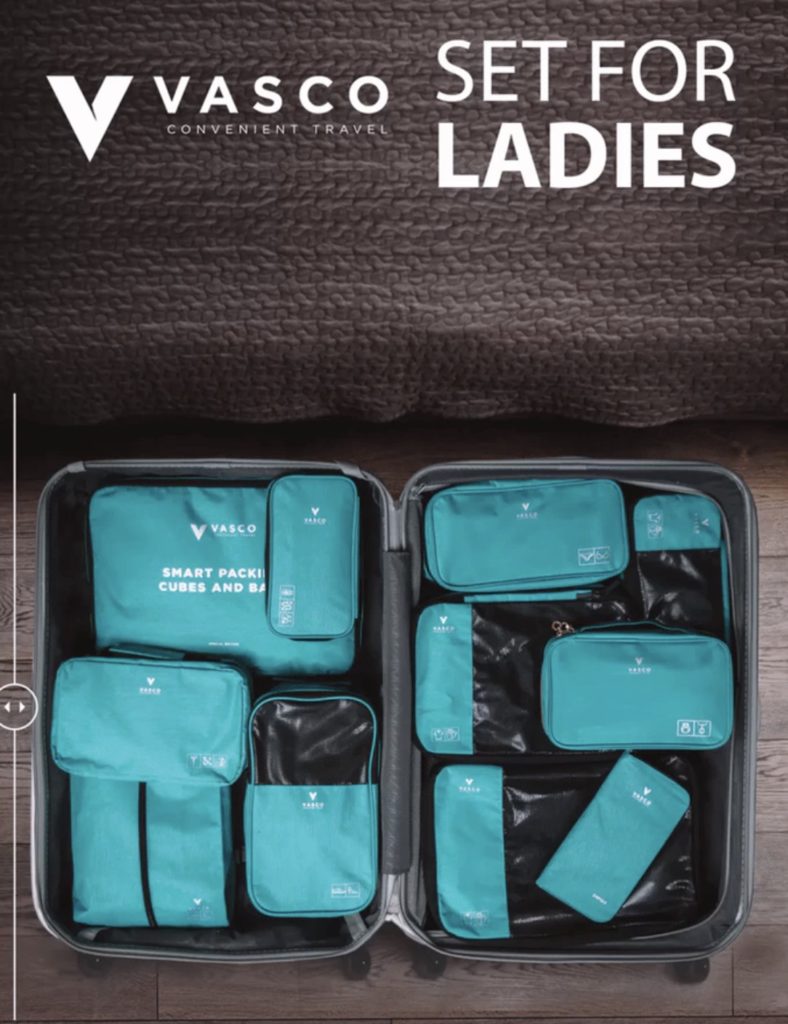 a group of blue bags in a suitcase