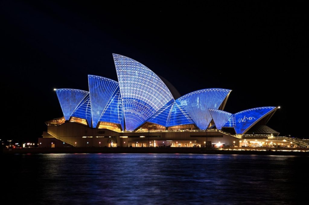 Sydney Opera House with blue lights