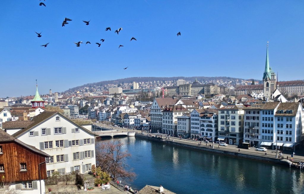 a river with buildings and birds flying over it