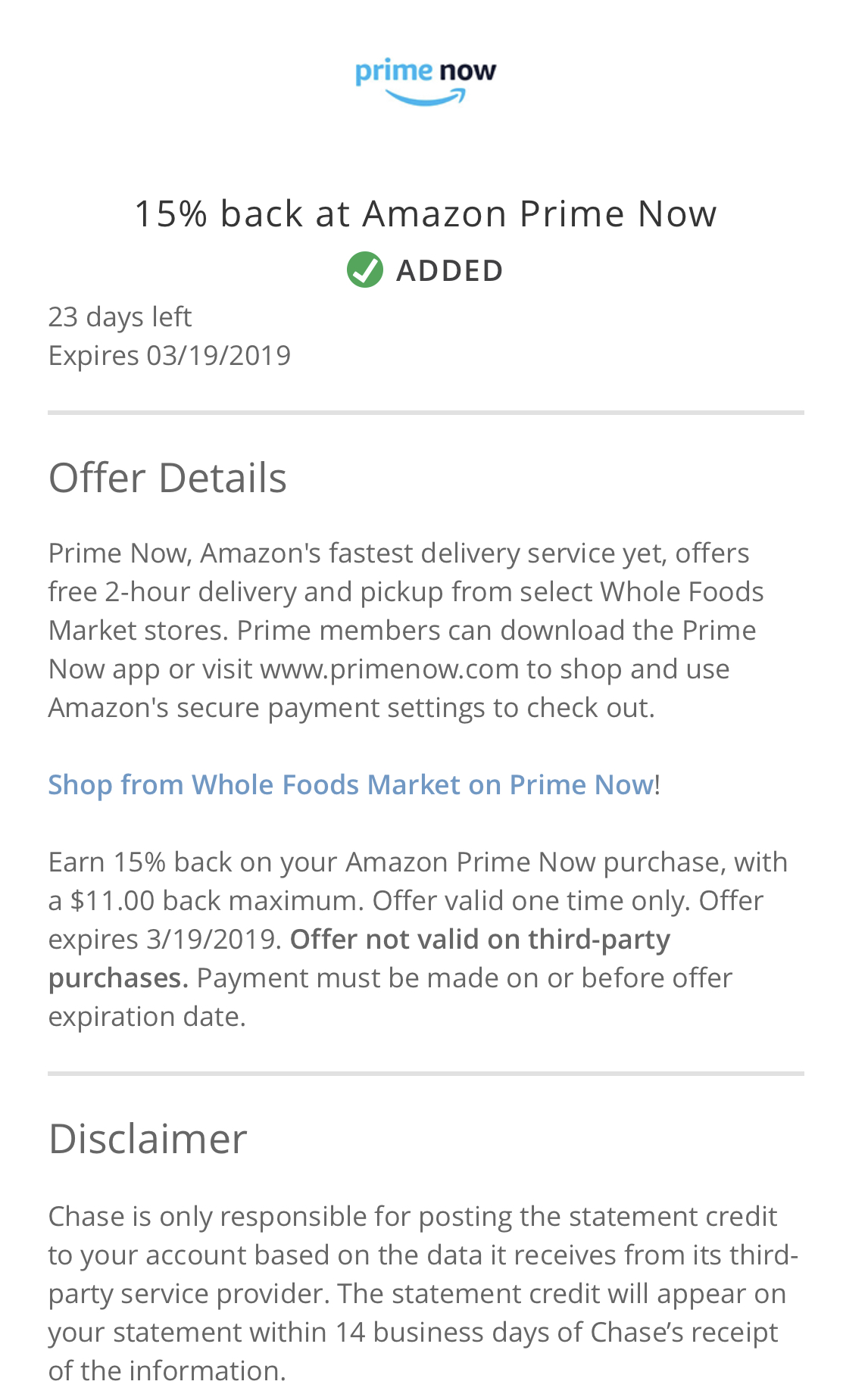 Chase Offers Amazon Prime Now
