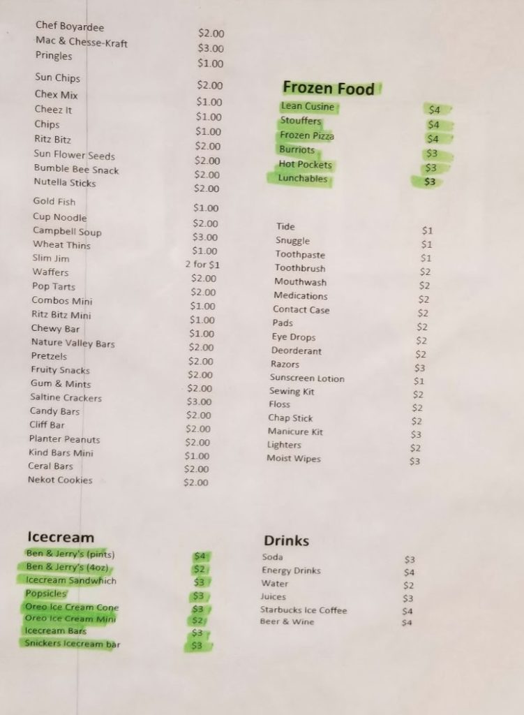 a menu with green and black text