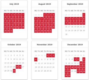 a calendar with red squares