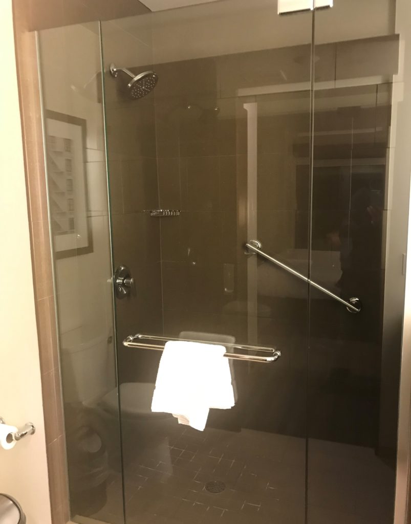 a glass shower with a towel on the door