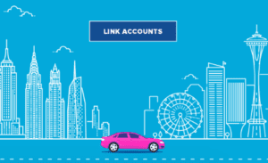a pink car on a road with a city skyline and a blue sign