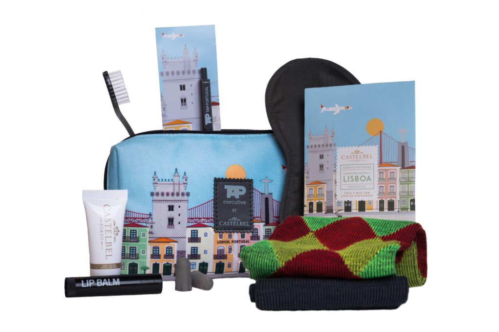 a bag with a picture of a city and other items