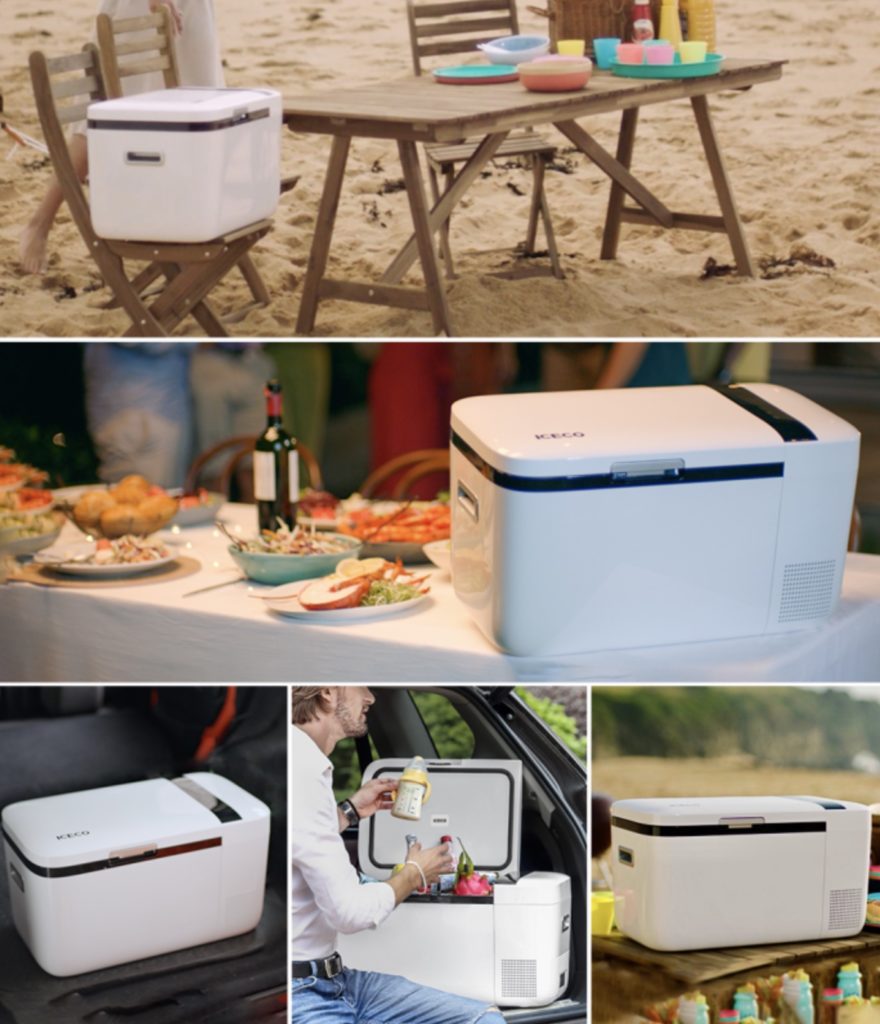 a collage of a picnic table with food and coolers