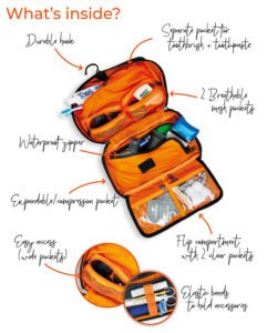 an orange and black travel bag with items in it