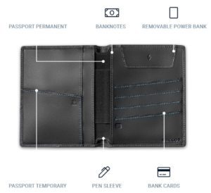 a black wallet with blue stitching
