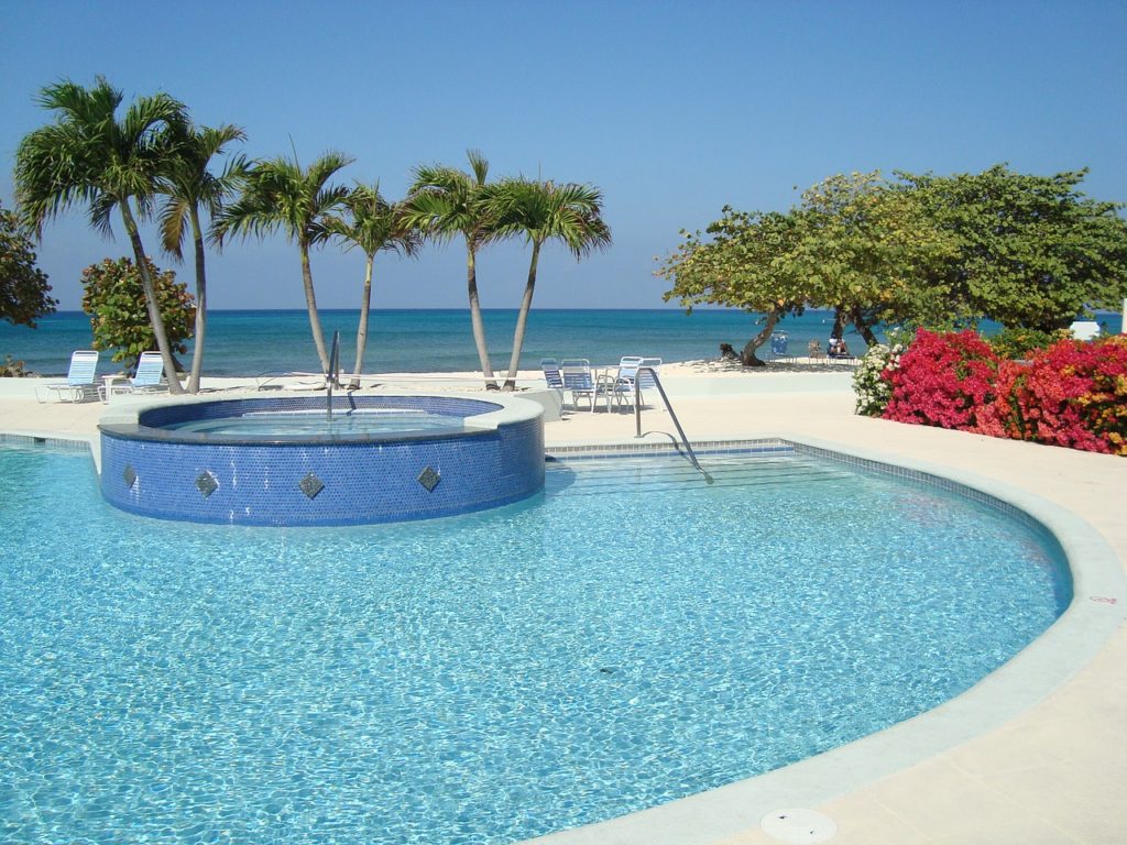 a swimming pool with a jacuzzi and palm trees