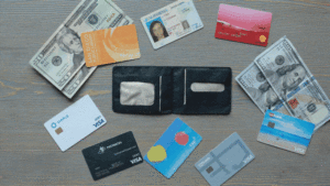 a wallet with credit cards and money