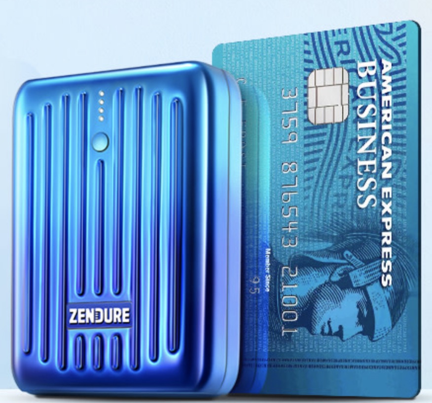 a blue rectangular object next to a blue credit card
